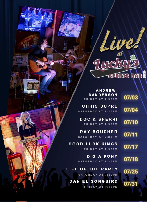 Live music lineup for July at Lucky's Sports Bar in Clearwater, FL.